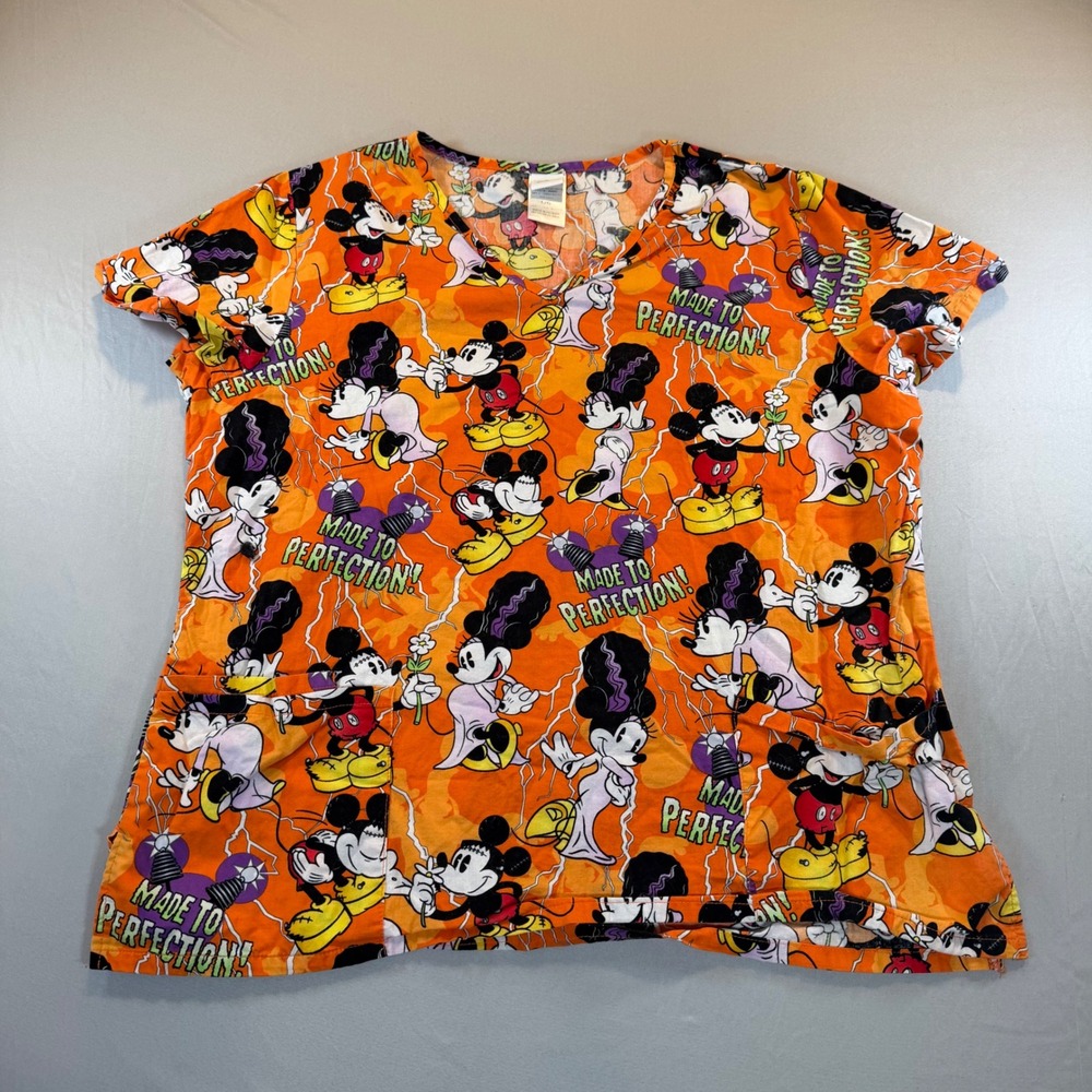 Disney Halloween Scrub Top Mickey Minnie Frankenstein Orange V-Neck Large